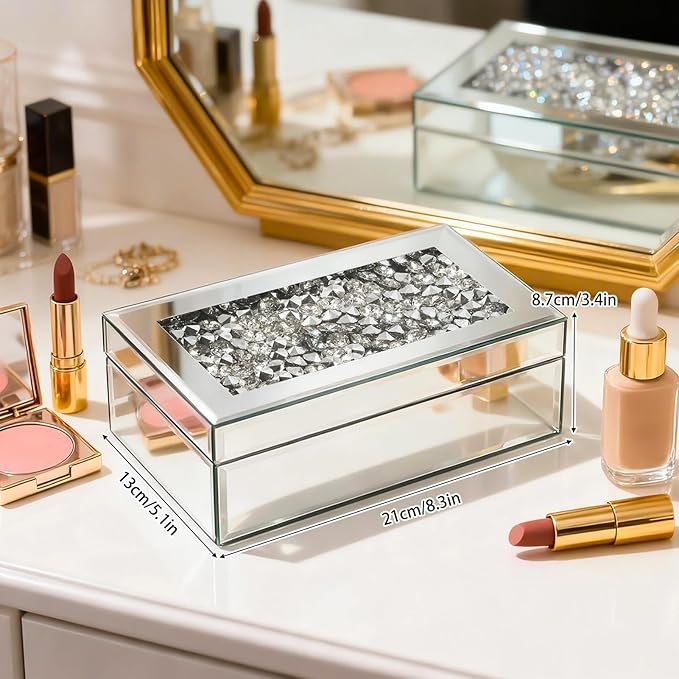 Luxury Mirrored Jewelry Box with Crushed Diamond - Glass Jewelry Box Organizer Storage for Women, Ring Holder Case for Dresser and Decorative