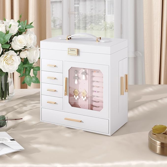 HOOBRO Jewelry Box with Mirror, Jewelry Organizer Box with Capacious Storage Space, Vertical Storage, Glass Cover, Modern Style, White and Light Gold WT06JB04G1