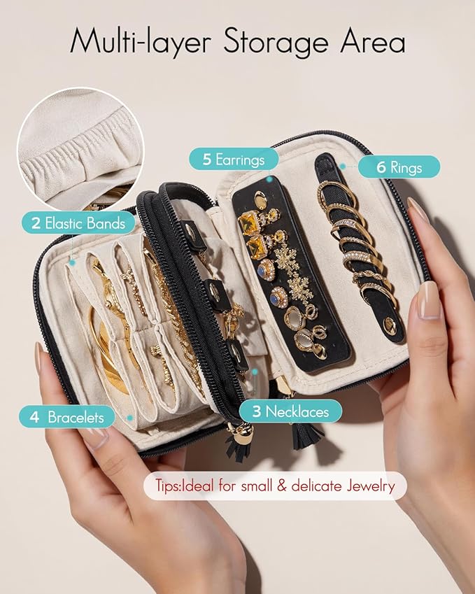 VLANDO Travel Jewelry Case,2-Layer Jewelry Organizer for Travel,Mothers Day Mom Gifts Teacher Gift,Multi-Compartment Jewelry Storage for Rings Earrings Necklaces Bracelets-Black