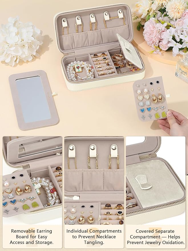 Travel Jewelry Case with Mirror, Quilted Small Jewelry Box Organizer for Women Girls, Portable Earring Necklace Bracelet Ring Holder Storage for Travel Weekend Trips (Beige)