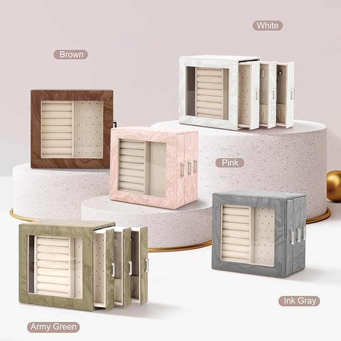 DesignSter Jewelry Box Organizer, Jewelry Box for Women, PU Jewelry Organizer Display Case with Side Drawers, Jewelry Storage for Earring Necklace Ring Bracelet Watch