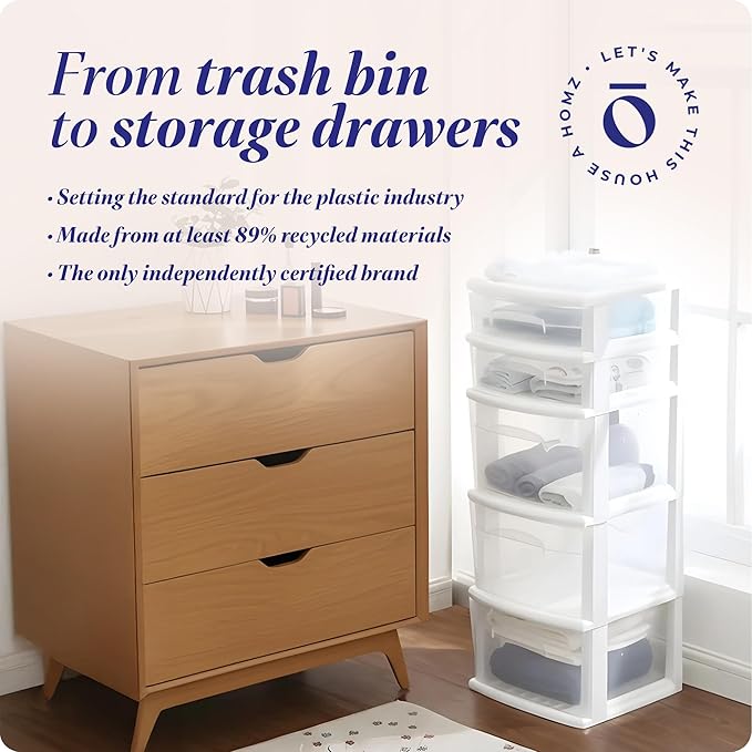 HOMZ 5-Drawer Storage Cart, Clear Plastic Drawers, 14.25" Wide Medium, White Frame - Organizing Drawer Containers for Home, Bathroom, Office, and Classroom