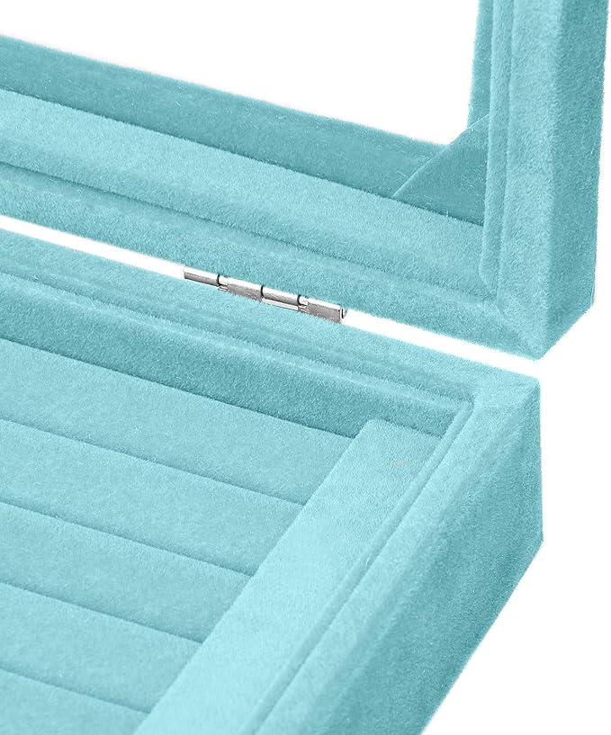 Jewelry Box Rings Organizer Tray 7 Slots Velvet Jewelry Earring Storage Box With Transparent Lid Jewelry Display Case for Girls Women (Light Blue)