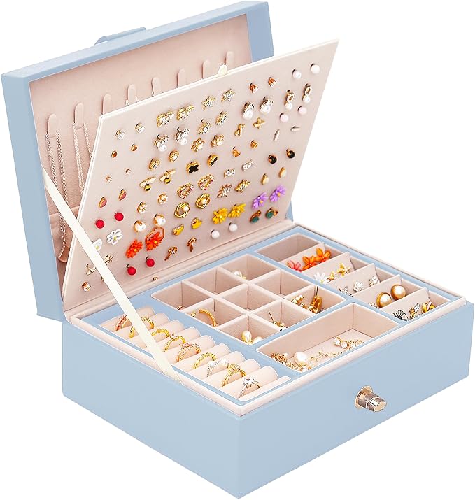 QBestry Girls Jewelry Box Earring Holder Organizer for Girls Jewelry Organizer Box Stud Earrings Organizer for Girls Womens Blue Jewelry Box for Earrings and Necklaces Rings Stud Earrings Box for Teen