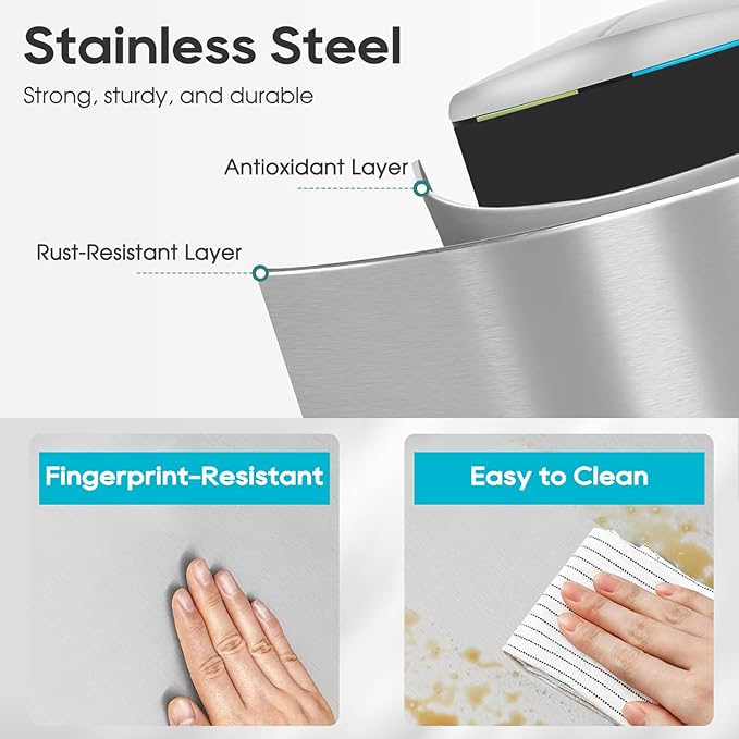 FDW | 10 Gallon Trash Can with Lid | Stainless Steel | Fingerprint-Proof | Made of Stainless Steel | Soft-Close Step Pedal | Hands-Free Use | Easy to Clean | for Kitchen, Office, Bathroom