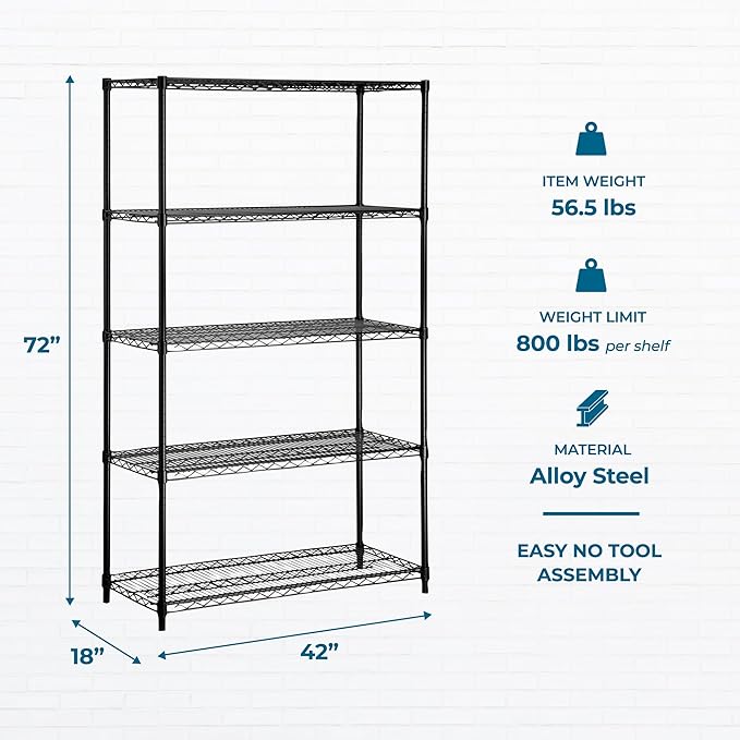 Honey-Can-Do 5-Tier Heavy Duty Adjustable Shelving Unit, 800-lb Per Shelf Metal Storage Rack, Industrial Strength Wire Shelf for Garage Workshop Warehouse, Black, 42 x 18 x 72 in