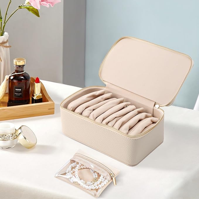 NCONCO Travel Jewelry Box, PU Leather Travel Jewelry Organizer, Portable Travel Jewelry Case with 12pcs Velvet Jewelry Bags for Necklaces Rings Earrings Sorting Storage