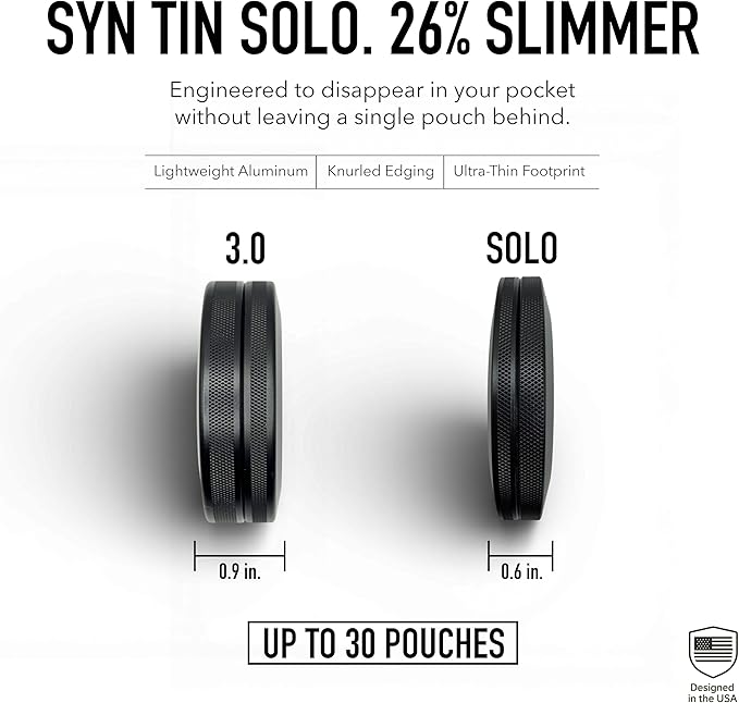 Solo | Slim Metal Container for Zyn, Premium Aluminum Can & Rugged Pouch Holder | Extra Capacity, Knurled Grip, & Slim Container | EDC (Black)