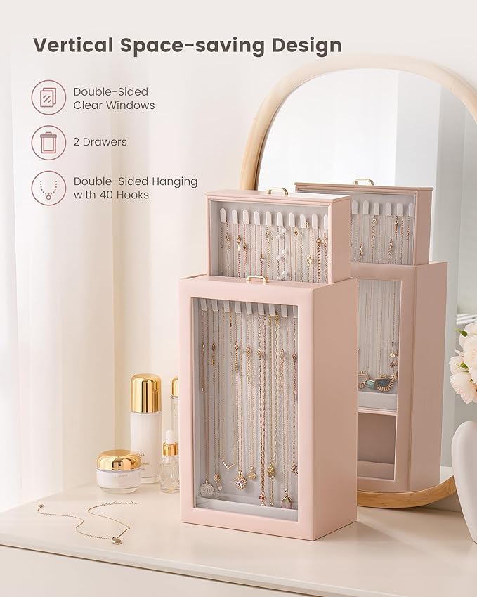 Lolalet Upgraded Double-Sided Hanging Necklace Organizer Box, Jewelry Display Case with Double-Sided Clear Window for Necklaces Bracelets, Tangle-Free Necklace Storage Box, Mothers Day Gift