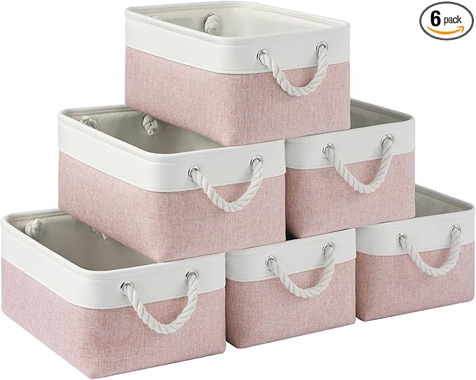 Storage Baskets for Shelves 13.8x9.8x6.7 Inch, Foldable Fabric Storage Bins with Handles, Small Storage Baskets for Organizing Closet, Office, Home Organization (6-Pack, White&Pink)