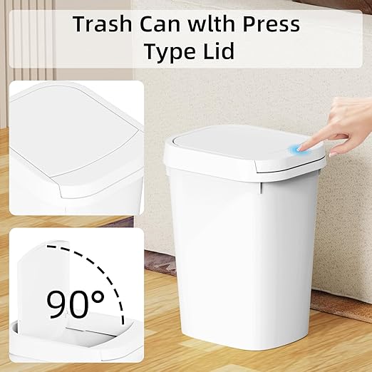 KSSKSS 3 Pack Bathroom Small Trash Can with Lid, 2.6 Gallon Slim Garbage Bin with Pop-Up Lid, 10L Plastic Wastebasket for Bedroom, Office, Kitchen, Toilet (White)