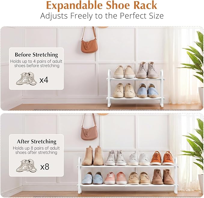 INSMART 2-Tier Expandable Shoe Rack:Stackable and Adjustable Shoes Organizer Storage Shelf, Sturdy and Durable Metal Structure Free Standing Shoe Rack for Closet Entryway Doorway, White