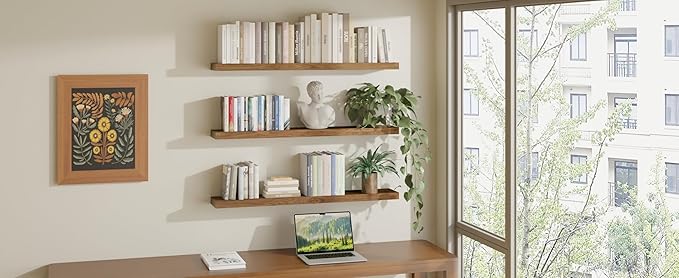 ROGMARS 36 Inches Long Walnut Floating Shelves,Rustic Solid Wood Farmhouse Wall Shelves with Invisible Brackets for Bathroom, Living Room, Bedroom, Kitchen Set of 3