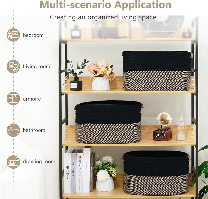 ECDYQXVU Cotton Rope Basket, Storage Baskets with Handle, 15x10x9 Inch Woven Basket for Shelves, Laundry, Towels, Clothes, Books, (Black Brown 2 Pack)
