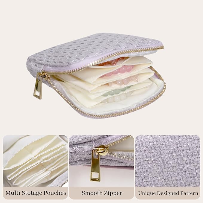 Stratalife Travel Jewelry Case - Small Jewelry Organizer for Bracelets Necklace Healing Crystal, Portable Earring Ring Organizer with Zipper Pouches for Traveling Gift for Women, Violet Purple