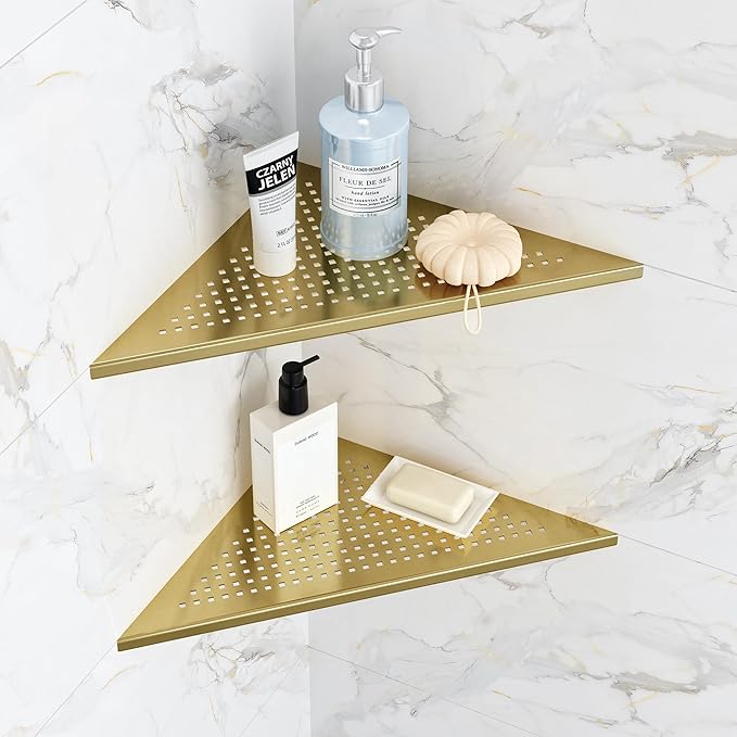 Qeke 2 Pack Bathroom Corner Shelf, Recessed 12" Corner Shower Shelf, SUS304 Stainless Steel Triangular Wall Mount, No Drilling, Brushed Golden