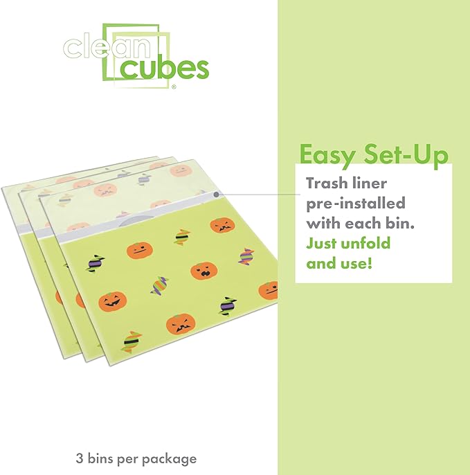 Clean Cubes 13 Gallon Disposable Pop-Up Trash Cans (3-Pack) with Fitted Bags – Foldable Garbage & Recycling Bins for Parties, Events & Kitchen (Halloween, 17" H x 13.5" W x 10" D)