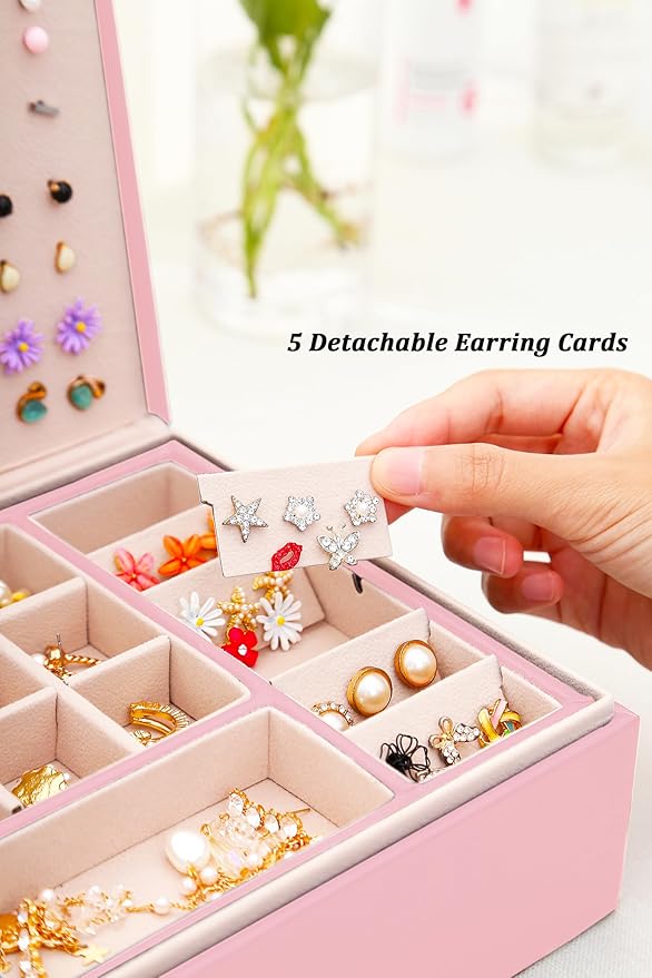 QBestry Jewelry Box for Earrings for Girls Jewelry Organizer Box Earring Holder Organizer for Girl Earring Box Jewelry Box Stud Earring Organizer for Girls Earring Jewelry Boxes for Women Pink Bling