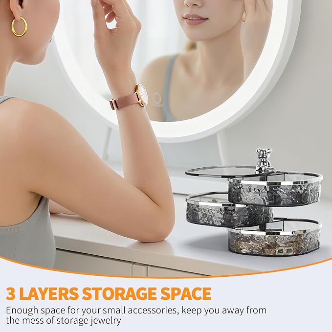 LETURE 3-Layers Rotatable Jewelry Organizer Storage Box, Clear Ripple Jewelry Holder Case for Ring Earring Necklaces Bracelets Makeup Hair Accessories, Small Rotating Jewelry Tray for Women (Grey)