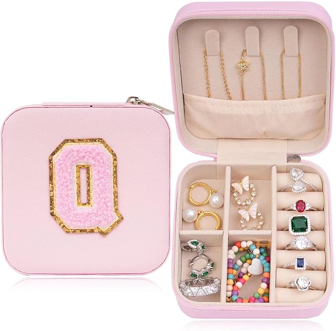 ETHOON Jewelry Travel Case Small Organizer Stocking Box Personalized Gifts Teenage Jewelry Accessories Holiday Wedding Christmas Gift for Women Pink, Letter Q
