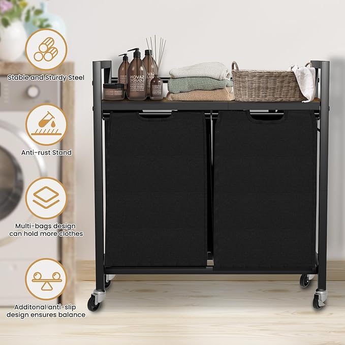 SwaaVee Laundry Hamper, Laundry Basket, Laundry Sorter with 2 Removable Bags, Clothes Basket with 2 Compartments, Wheels, Shelf for Laundry Room Bathroom Bedroom (2 Bags-Black)