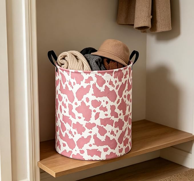 Kids Laundry Basket Cow Hamper for Nursery Pink Hamper Cute Kids Storage Bin Organizer Room Decor for Home(Pink cow)