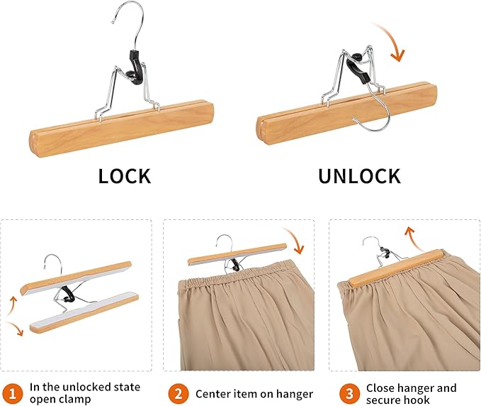 Amazon Basics Sturdy Wooden Pants Hangers for Closet Organization, Natural, 10-Pack