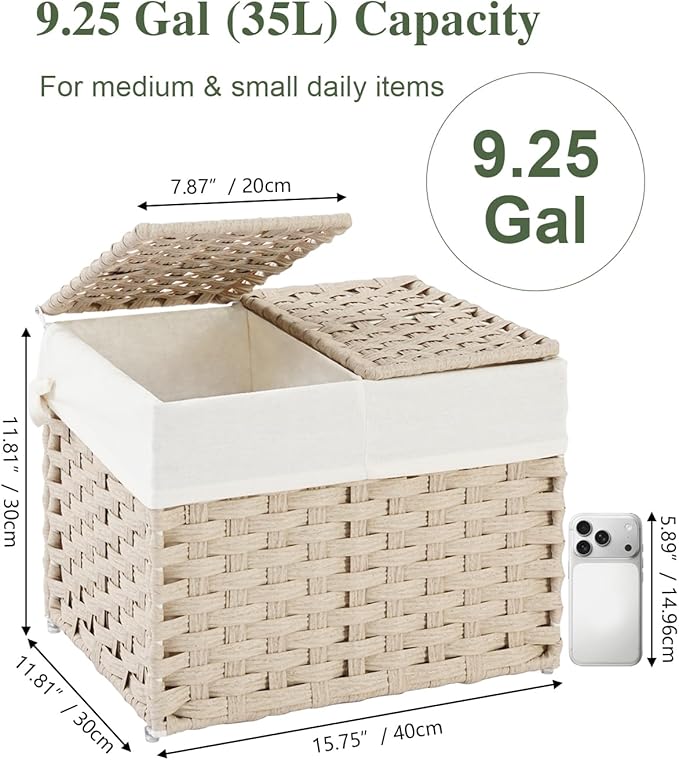 SETVSON Storage Basket with Lid Woven Wicker Baskets with 2 Separate Lid, 9.2 Gallon (35 L) Wicker Storage Bins with Handles, Foldable and 2 Removable Liner Bags for Bedroom, Laundry Room Light Khaki