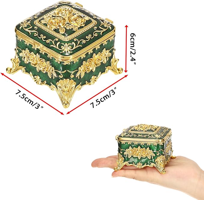 Hipiwe Vintage Jewelry Box Small Trinket Storage Organizer Box Gold Metal Chest Ring Case Treasure Chest Square Keepsake Boxes for Earrings Necklace Gift for Women,Green
