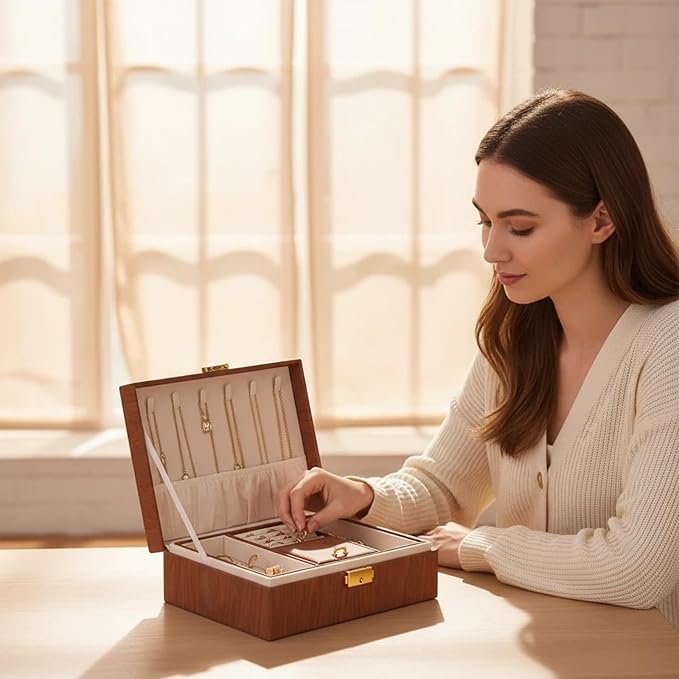 Jewelry Box Organizer for Women Girls Gift, 2 Layer Large Jewelry Storage Case, Vintage Wood PU Leather Display Jewellery Holder with Removable Tray for Necklace (Redwood grain)