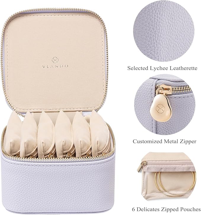 VLANDO Travel Jewelry Box Organizer – Portable PU Leather Jewelry Case with 6/8/12 Zippered Pouches, Compact Storage for Earrings Rings Necklaces Bracelets, Lilac Purple