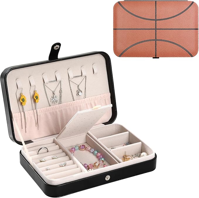 Basketball Leather Jewelry Box Portable Small Travel Jewelry Case for Women Men Girls Boys Basketball Jewellery Travel Case Organizer for Ring Necklace Earrings Women Birthday Christmas Gift