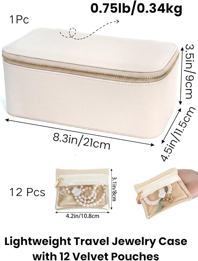 Hacaroa Travel Jewelry Case with 12 Velvet Pouches, Jewelry Storage Organizer Box PU Leather, Clear Window Small Bags Wedding Gifts for Earrings, Necklaces, Bracelets, Rings, Women, Girls, Cream White