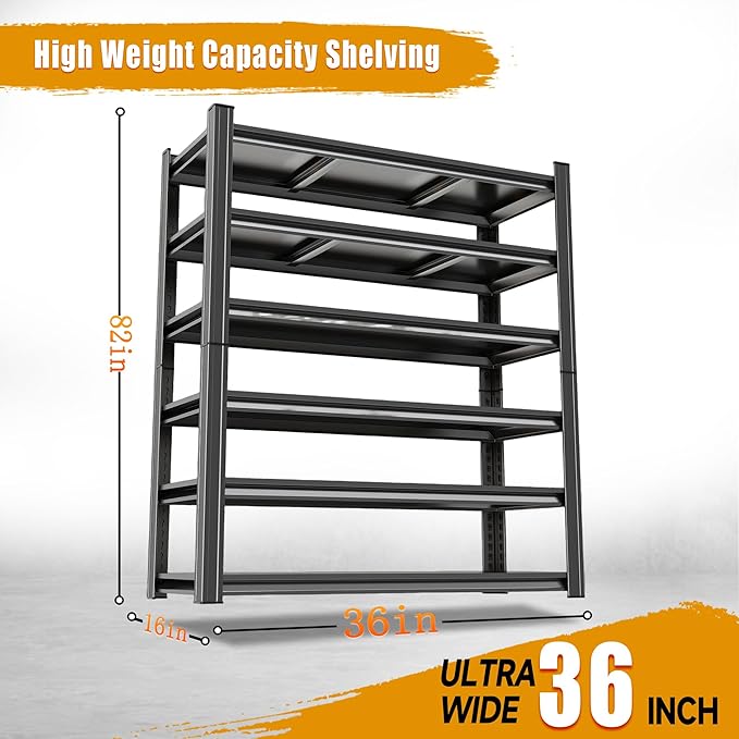 Garage Shelving,6-Tier Heavy Duty Shelving, 3500 lbs Capacity Garage Storage Shelves, Industrial Shelves for Heavy Tools and Equipment, Ideal for Garage, Basement, Black 82" H x 46" W x 18" D