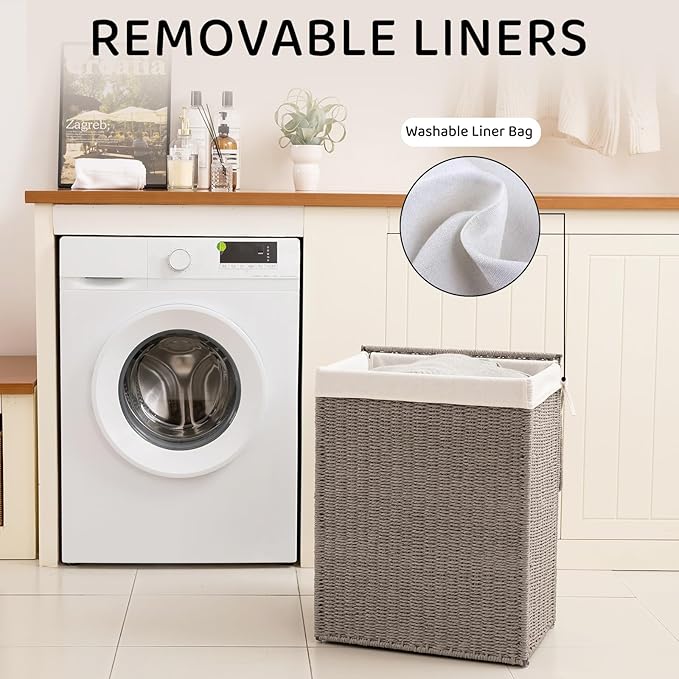 OIAHOMY Laundry Hamper with Lid, 90L(23.8 Gal) Large Wicker Laundry Basket for Bedroom, Handwoven Paper Rope Clothes Hamper with Washable Liner & Metal Frame, Decorative Organizer for Bathroom Grey