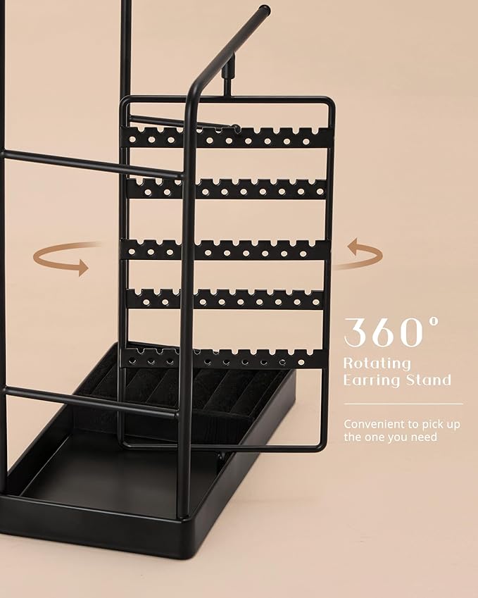 ProCase Jewelry Stand Holder Organizer, Jewelry Display Storage with Ring Tray, Rotating Earring Bracelet Necklace Holder, Valentine's Gifts Room Dorm Decor for Teen Girls -Black (No-Assembly)