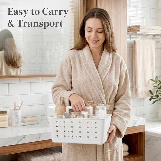 Lifewit Shower Caddy Portable, Cleaning Supplies Caddy Organizer with Handle and Adjustable Dividers, Plastic Shower Basket for Dorm Room Essentials, College, Bathroom, White, 1 Pack