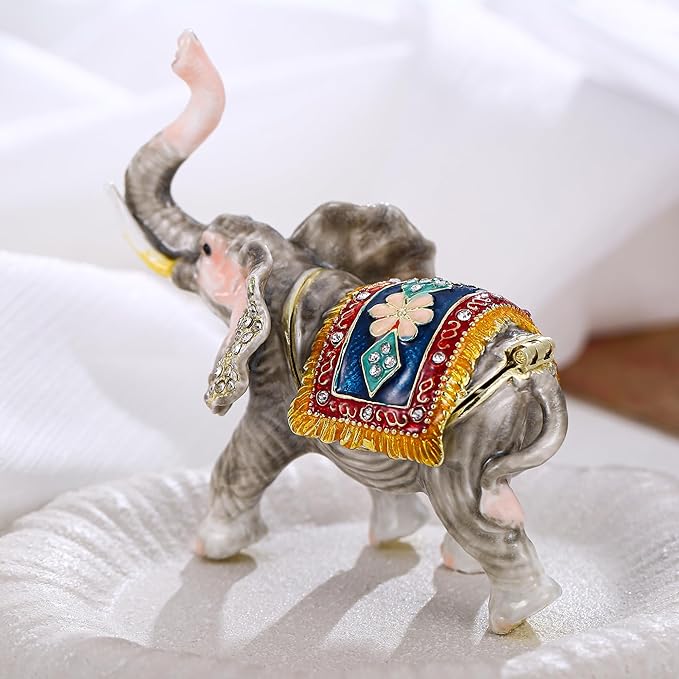 Hand Painted Animal Trinket Box for Home Decor, Hinged Jewelry Organizer Storage, Unique Personalized Collectible Keepsake Figurine Handmade Decorative Ornament Gifts (Lucky Elephant)