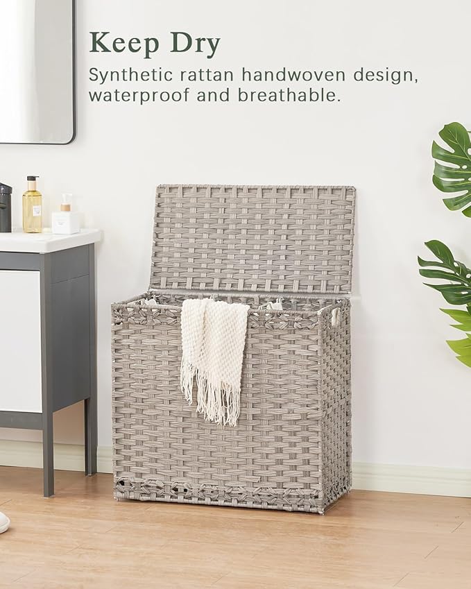 SETVSON Laundry Hamper with Lid Laundry Basket 132 L (35 Gal) Wicker Clothes Hamper, Handwoven Rattan Hamper with Handles and 4 Removable Liner Bags, 6 Mesh Bags for Laundry Bedroom Gray