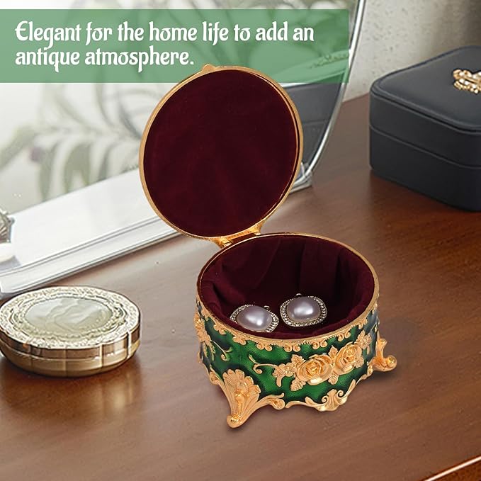 Vintage Jewelry Box, Gold Round Treasure Ring Box, Metal Trinket Organizer Keepsake Box Gift for Girl Women, Green