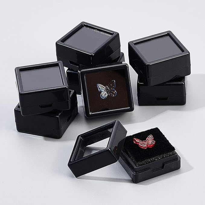 BENECREAT 36PCS Black Gemstone Display Box Mini Square Acrylic Jewelry Box Container(1.2x1.2x0.6) with Clear Top Lids and Sponge for Gems,Jewelry Packing