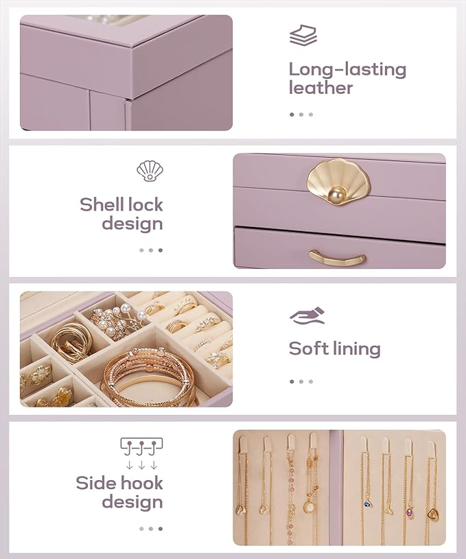 Enthralite Jewelry Box with 4 Drawers : Jewelry Display Organizer for Earrings Necklaces - Gift for Girls Women | Grey Purple