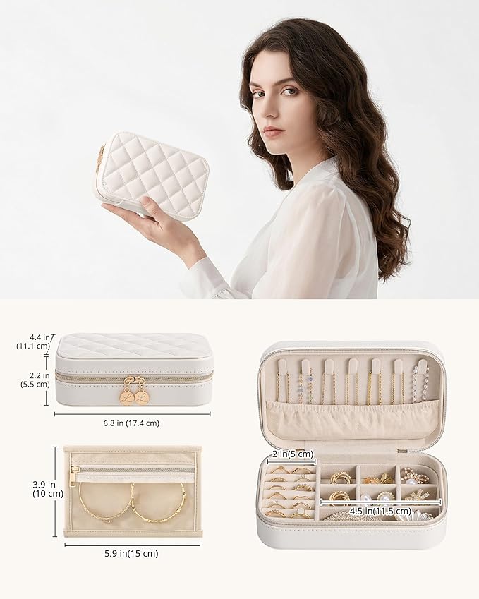 Lolalet Travel Jewelry Case for Women Girls, PU Leather Jewelry Organizer with Clear Storage Bag Small Portable Jewelry Box for Necklace Bracelet Earring Ring Mothers Day Birthday Gifts -Medium/Beige
