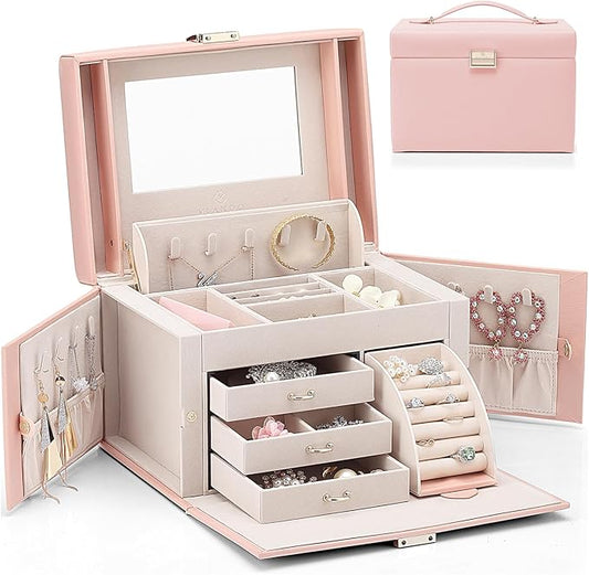 Vlando Mirrored Jewelry Box Organizer, Leather Jewelry Storage Case, Necklaces Earrings Rings Brackets Box Holder, Pink