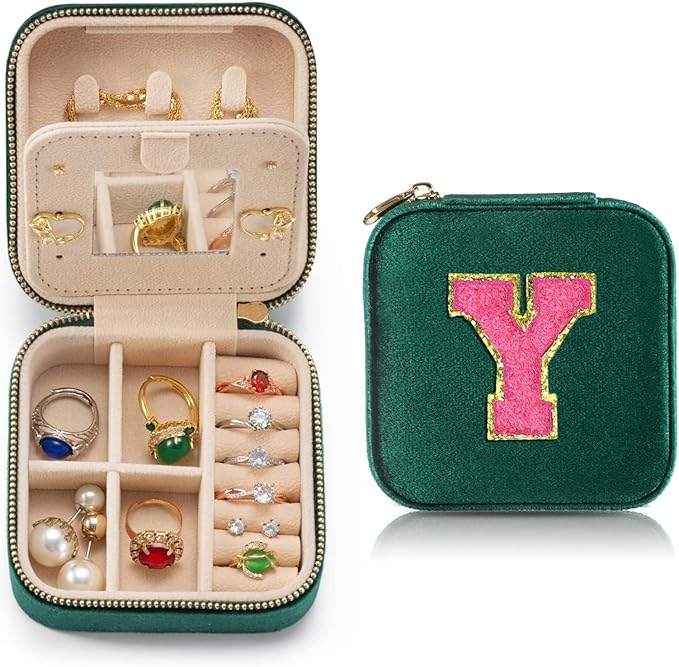 Personalized Velvet Travel Jewelry Case Box For Women Ring Necklace Earring Holder Organizer with Mirror Green Girls Box Birthday Gifts Mom Initial Y