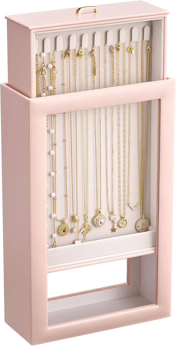 Lolalet Upgraded Double-Sided Hanging Necklace Organizer Box, Jewelry Display Case with Double-Sided Clear Window for Necklaces Bracelets, Tangle-Free Necklace Storage Box, Mothers Day Gift