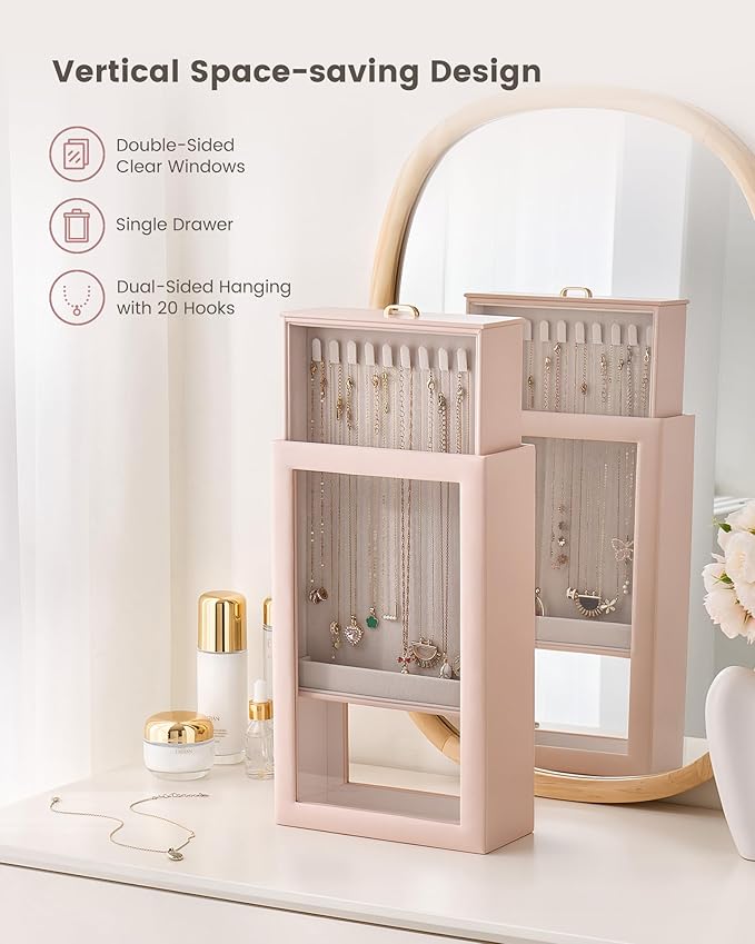 Lolalet Upgraded Double-Sided Hanging Necklace Organizer Box, Jewelry Display Case with Double-Sided Clear Window for Necklaces Bracelets, Tangle-Free Necklace Storage Box, Mothers Day Gift