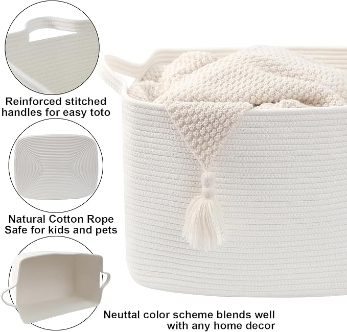 96L Large Blanket Basket,24"x16"x15"Rectangle Storage Bin with Handles,Woven Rope Laundry Basket for Toys, Clothes,Magazines,Home Organization,Nursery,Living Room & Bedroom,White