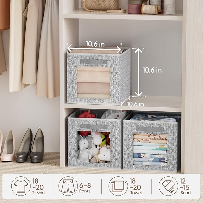 Homsorout Foldable Storage Cubes - Cubby Storage Organizer with Window, Decorative Baskets for Organizing, 11 Inch Fabric Cube Shelf Bins, Set of 10, Light Gray