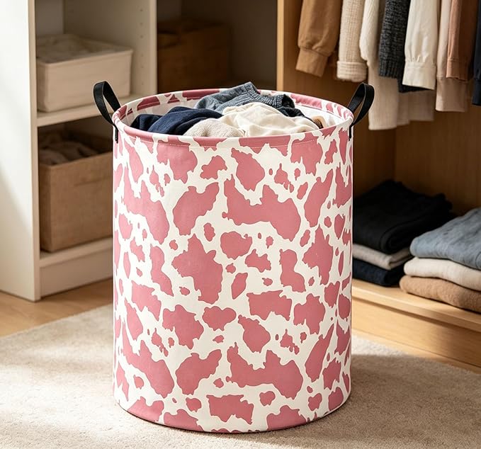 Kids Laundry Basket Cow Hamper for Nursery Pink Hamper Cute Kids Storage Bin Organizer Room Decor for Home(Pink cow)